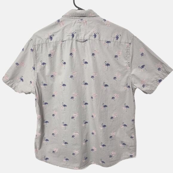 Denim & Flower Flag Flamingo Palm Tree Short Sleeve Button Down Shirt Size Large - Picture 2 of 3